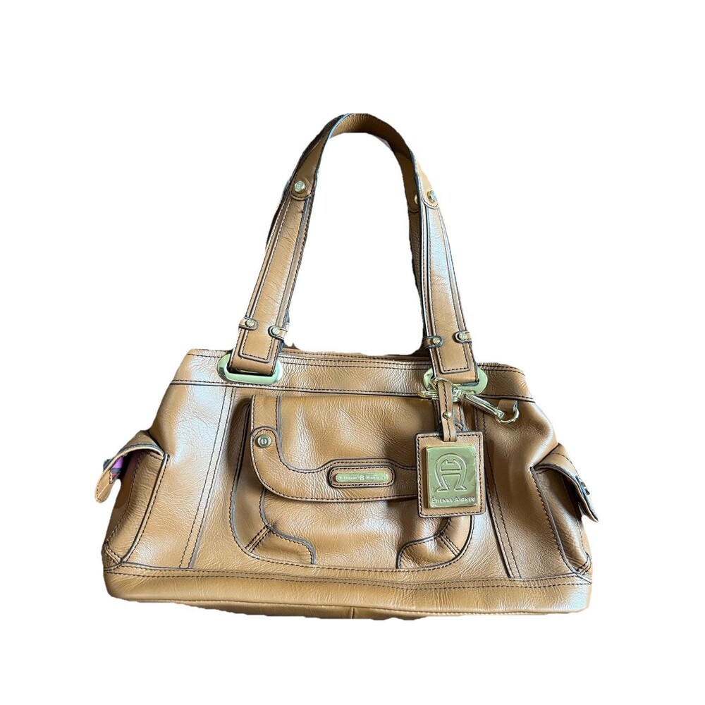 Etienne Aigner Women’s Satchel Purse Cognac Leather Bag Gold Hardware Logo EUC